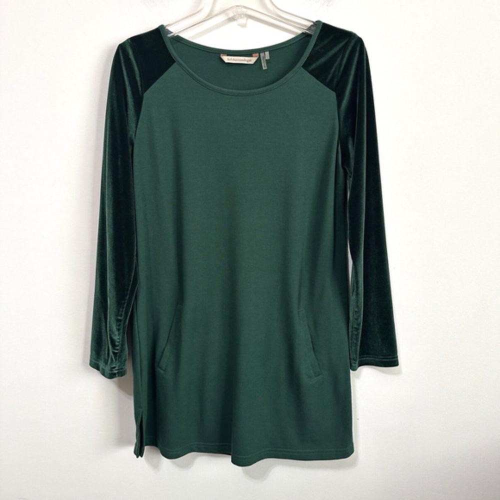 Soft‎ Surroundings Green Knit Tunic S Velvet Sleeves Pockets Top Stretch Casual